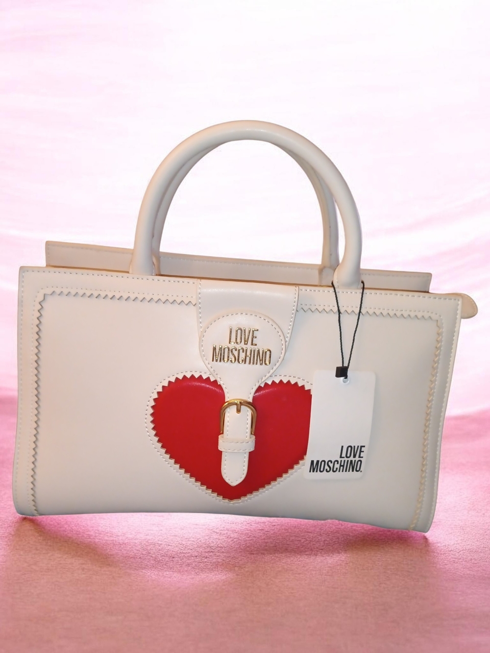 Love Moschino Cream Satchel with Red Heart Detail